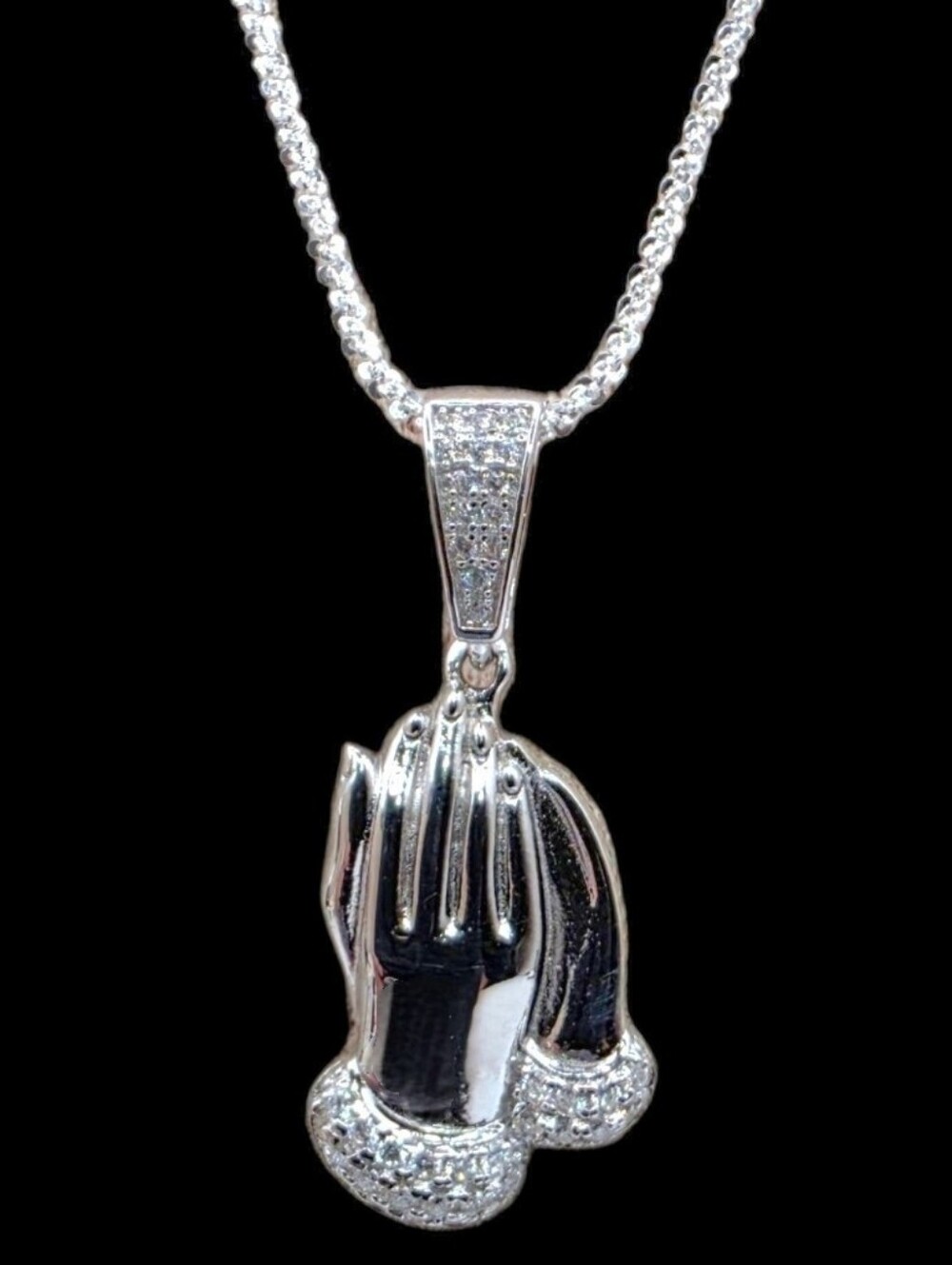 0.27 CTW Moissanite Solid 925 Sterling Silver Praying Hands Pendant Necklace